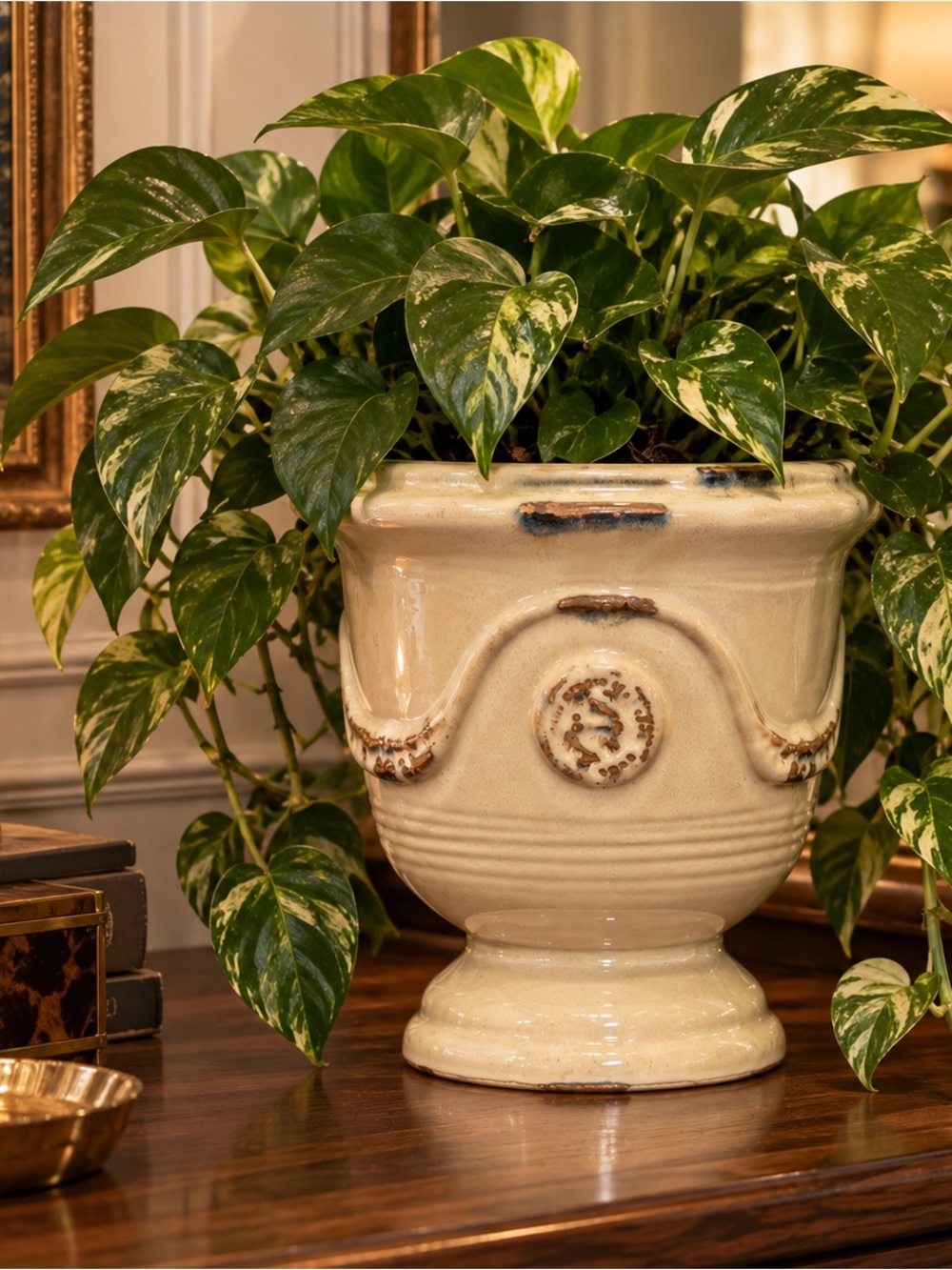 French Anduze-Style Cream Glazed Urn Planter | Heavy Ceramic Pedestal Cachepot